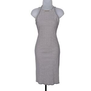 Women’s Black Cream Striped Backless Bodycon Midi Dress